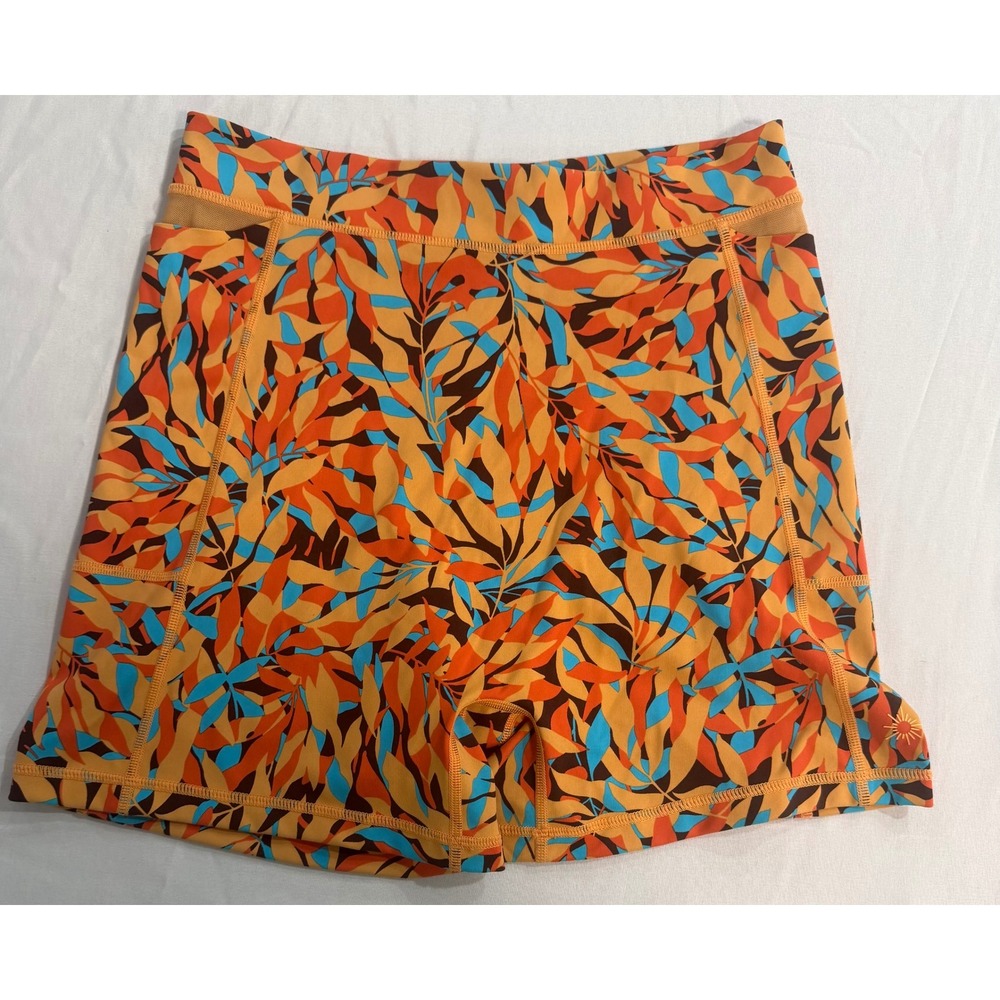 OFFLINE by Aerie Goals High Waisted 4" Bike Shorts Tropical Leaf Orange Blue L